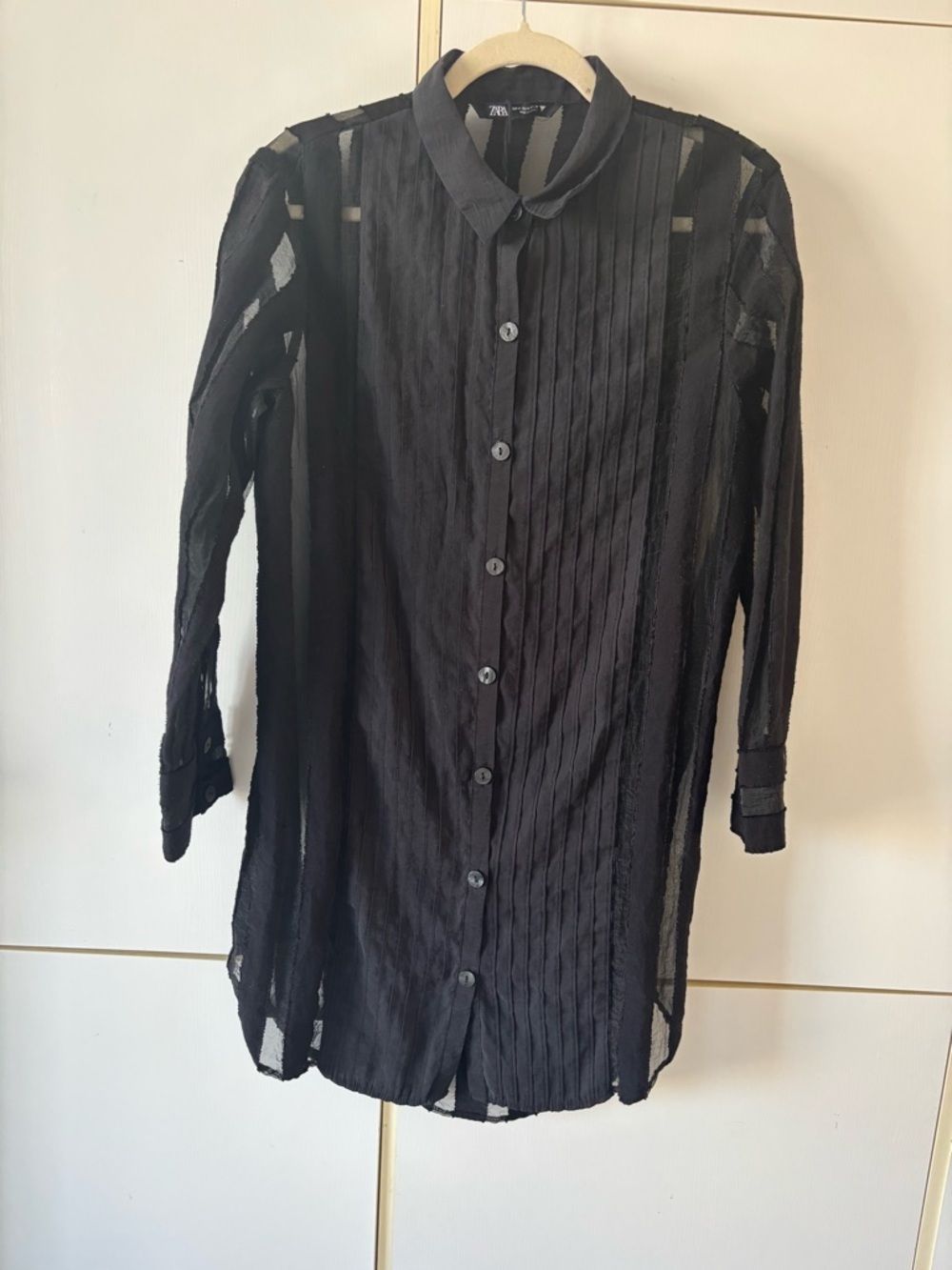 Zara Black Sheer Pleated Button-Up Blouse Gothic Whimsigoth Medium Minimalist - Picture 2 of 14